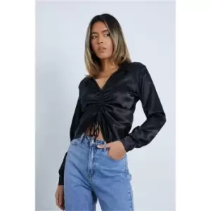 Image of I Saw It First Black Satin Ruched Front Detail Blouse - Black