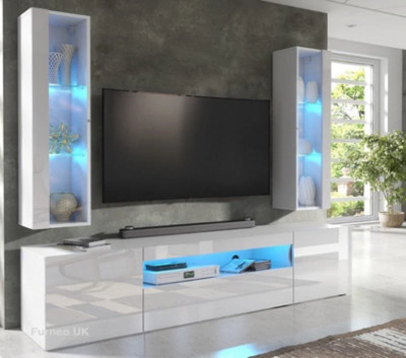 Image of Furneo High Gloss & Matt White Living Room Set TV Stand Display Cabinets Artclif 8 Blue LED Lights