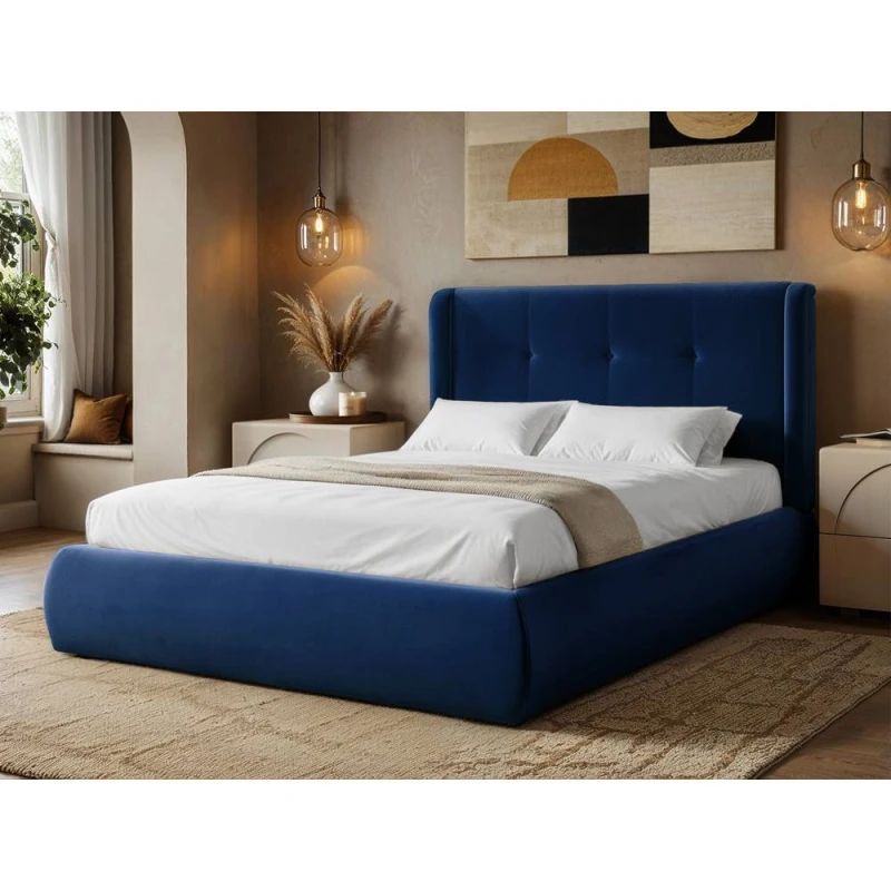 Image of Solace+Co Monte Midnight Velvet Winged Button Headboard Ottoman Bed in Blue Size: King Blue Unisex King
