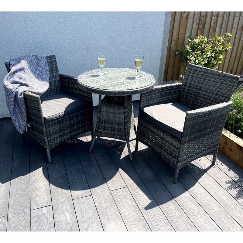 Image of Outdoor Living Amazon Wicker Rattan Natural Bistro Set with outdoor cushion in Grey Grey Unisex