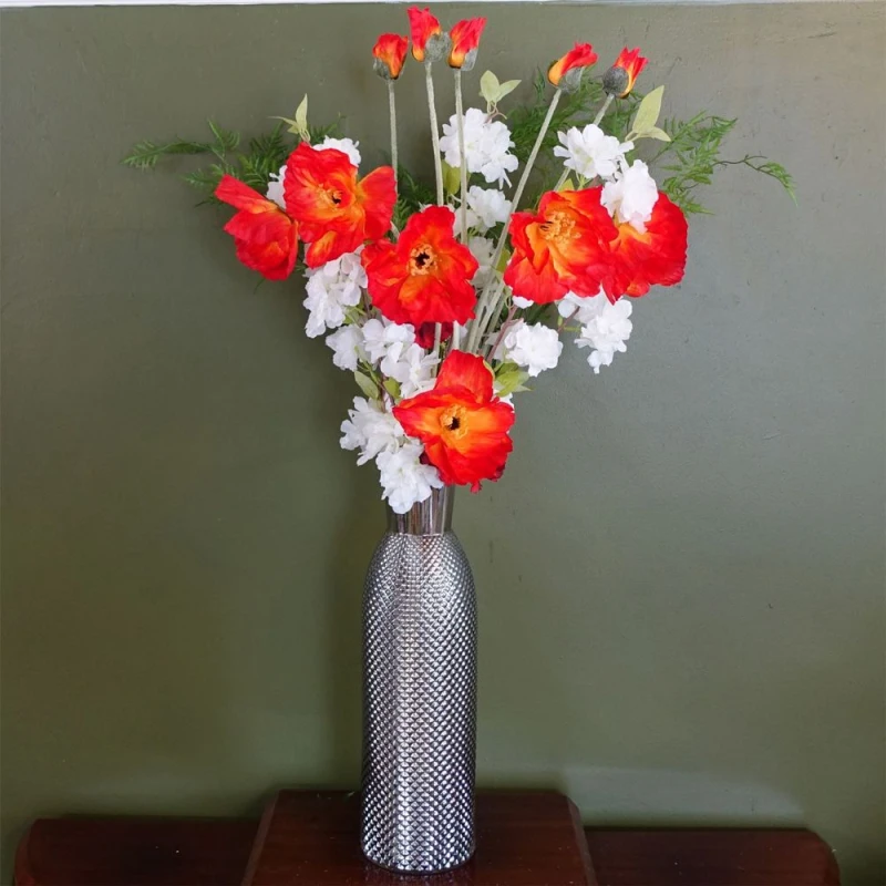 Image of Leaf Leaf 100cm Poppy and White Blossom Arrangement Glass Vase Red