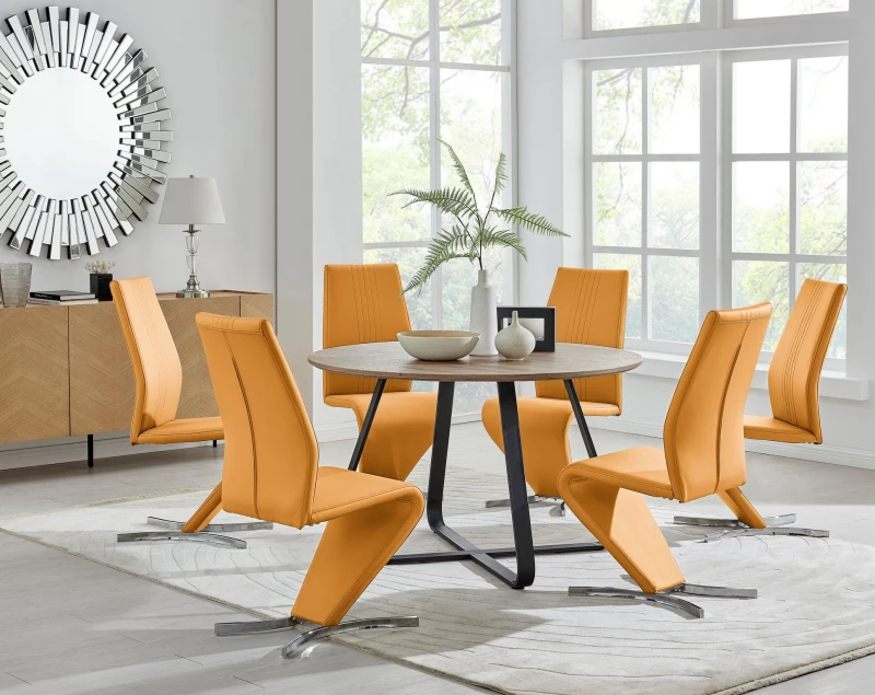 Image of FurnitureboxUK FurnitureboxUK Santorini Brown Wood Effect Dining Table & 6 Willow Chairs in Mustard Mustard One Size Unisex 5056657124120