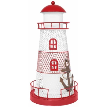 Image of Metal Lighthouse with Solar Powered Candle Light / 33cm High / On-Off Switch / Unique Garden Decoration (Red and White) - Gardenkraft