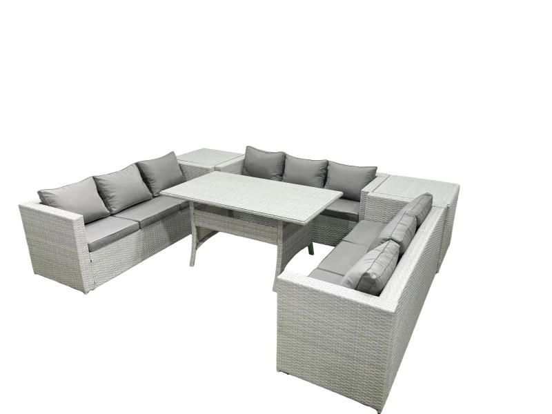 Image of Fimous Rattan Garden Outdoor Furniture Set 9 Seater Garden Sofa Rectangulr Dining Table Set with 2 Side Tables Light Grey Mixed Light Grey