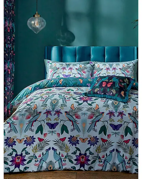 Image of Catherine Lansfield CL Mya Tropical Birds Duvet Set Teal/Purple Print SINGLE PO50501