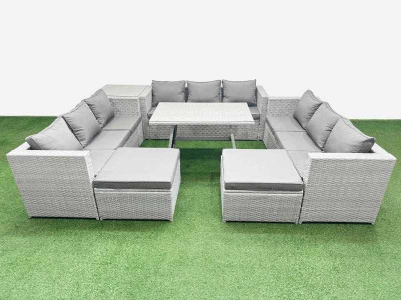 Image of Fimous 11 Seat Patio PE Rattan Garden Furniture with Side Table 2 Big Stools in Light Grey Light Grey Unisex