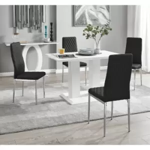 Image of Furniturebox Imperia 4 High Gloss White Modern Dining Table And 4 Black Milan Faux Leather Dining Chairs With Silver Legs Diamond Stitch Modern