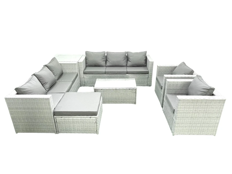 Image of Fimous Outdoor Rattan Sofa Garden Furniture Set with 2 Armchairs Oblong Coffee Table Big Footstool Side Table Light Grey Mixed Light Grey