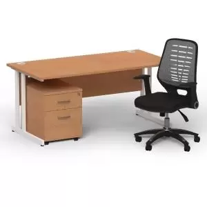 Image of Impulse 1600 x 800 White Cant Office Desk Oak 2 Dr Mobile Ped &