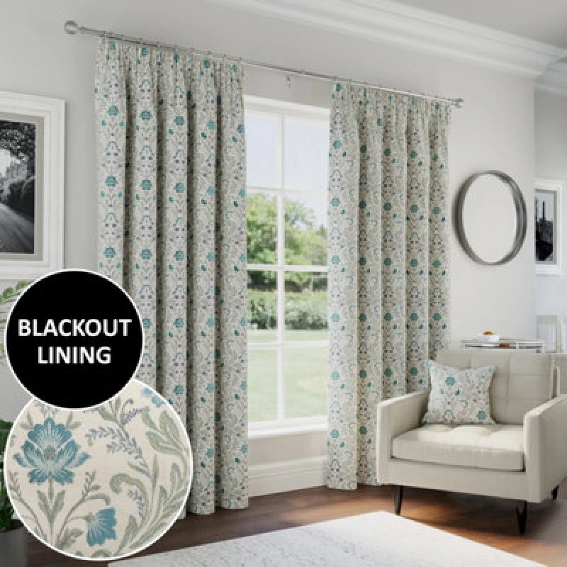 Image of Enhanced Living Cotswold Floral 100% Blackout Tape Top Curtains - Blue Blue One Size