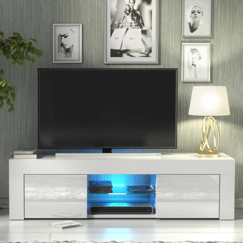 Image of Creative Furniture Loom TV Unit 130cm - White with Gloss Doors & LED Lights White Unisex