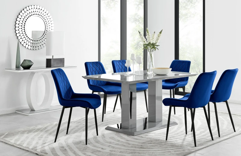 Image of FurnitureboxUK FurnitureboxUK Imperia 6 Grey Dining Table and 6 Pesaro Black Leg Chairs in Navy Navy One Size Unisex 5056542662546