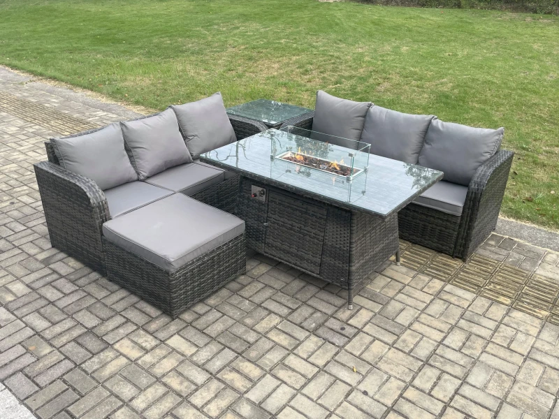 Image of Fimous Garden Patio Furniture Wicker Rattan Gas Fire Pit Table and Sofa set with Side Table Big Footstool Dark Grey