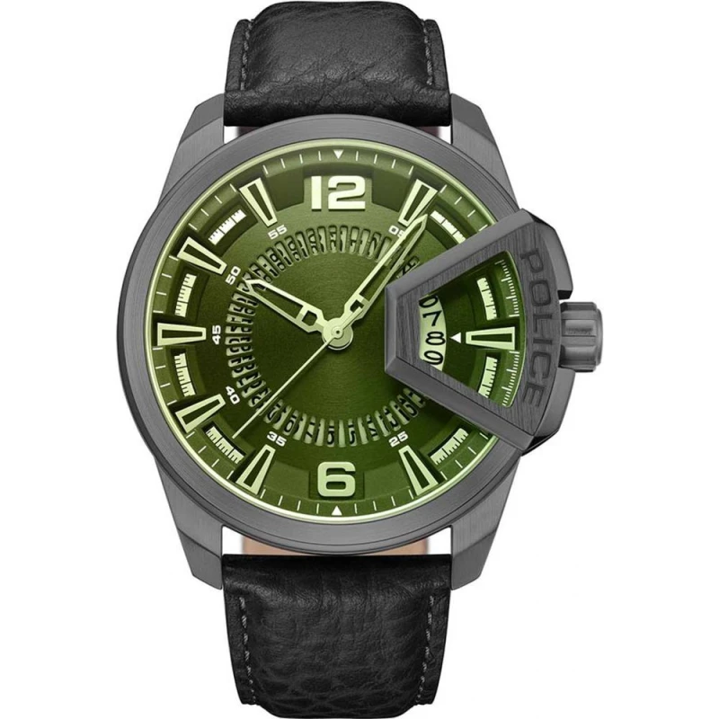Image of Police Underlined Black Leather Strap Watch - W44143