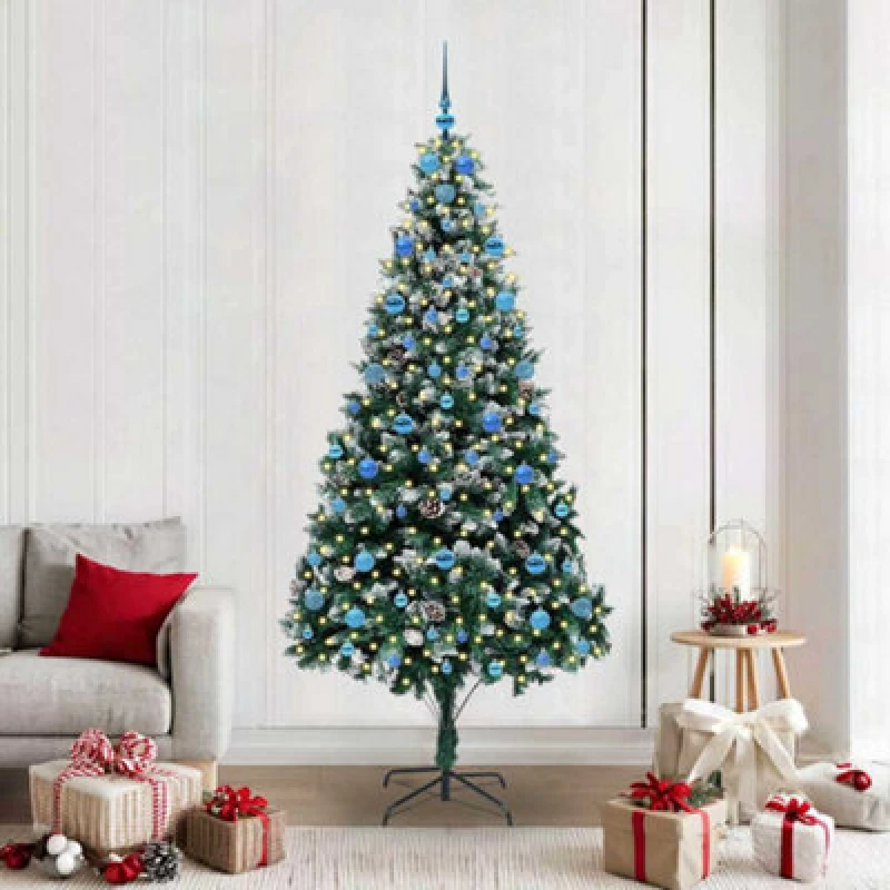 Image of vidaXL Artificial Christmas Tree with 300 LEDs and Blue Balls with Stand Green 210 cm, Green 3396280