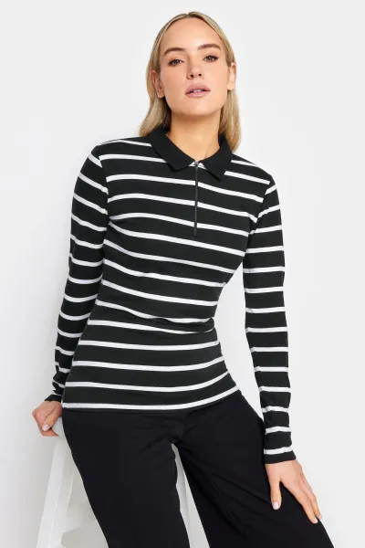 Image of Long Tall Sally Long Tall Sally Black White Polo Zip Up Ls Top