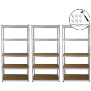 Image of 3 Garage Shelving Units 5 Tier Racking Storage Warehouse Bays - Silver