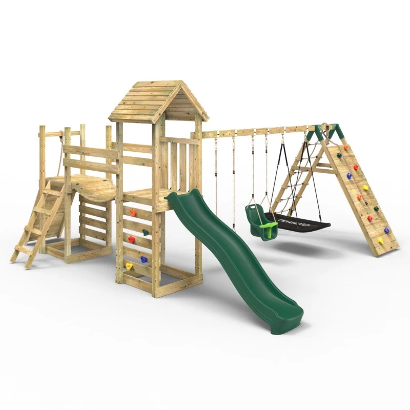 Image of OutdoorToys Double Garden Tower Climbing Frame with Flexible Bridge, Swing & Slide for Kids - Sanford in Beige Beige Unisex
