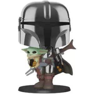 Image of Star Wars The Mandalorian with Chrome Armour Carrying Baby Yoda 10-Inch Pop! Vinyl Figure