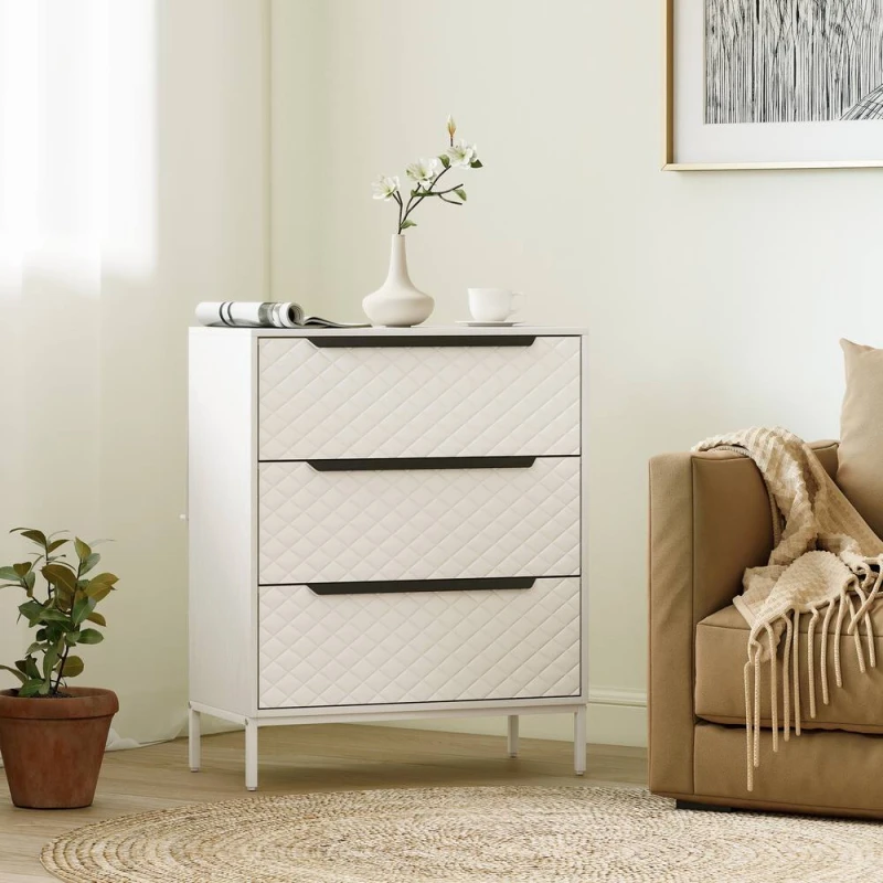 Image of HOMCOM Chest of Drawers, 3 Fabric Drawer Dresser, Aluminium Handles in White Size: Medium White Unisex M