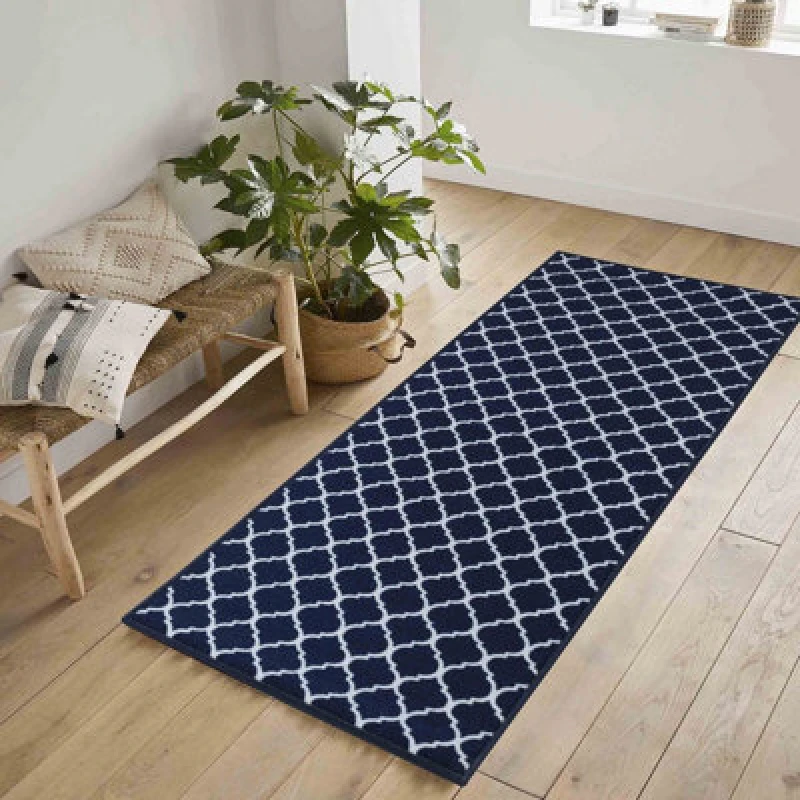 Image of Machine Washable Trellis Design Anti Slip Doormats Navy 80X300 Cm