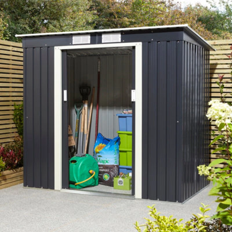Image of Rowlinson Trentvale 6X4 Metal Pent Shed Dark Grey With Foundation Kit, Grey TV64PENDGFKI