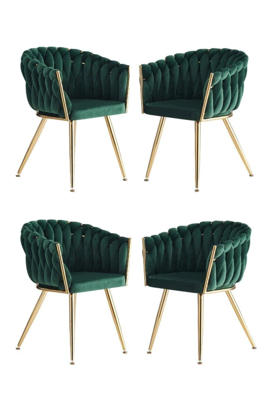 Image of Life Interiors Set of 4 Roma Knot Velvet Armchairs with Gold Metal Legs, Modern Tufted Design for Living Room in Green Green Unisex