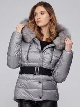 Image of Barbour International Platinum Chromium Faux Fur Belted Quilted Jacket - Platinum, Grey, Size 14, Women