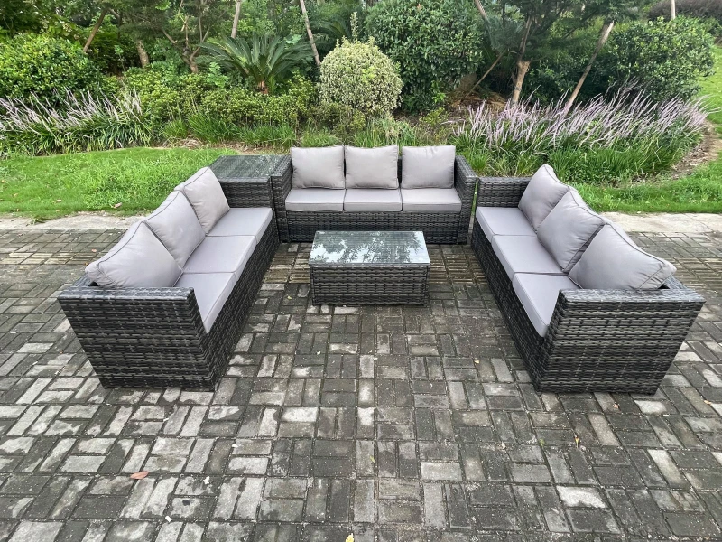 Image of Fimous 9 Seater Outdoor Lounge Sofa Set Wicker PE Rattan Garden Furniture Set with Oblong Coffee Table Side Table Dark Grey Mixed Dark Grey