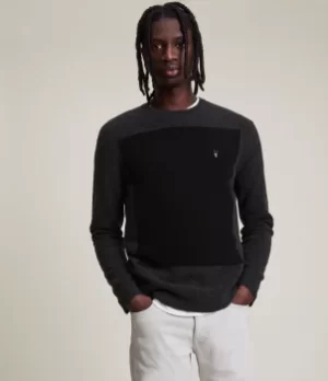 Image of AllSaints Mens Lobke Knit Crew Jumper, Cinder Black Marl, Size: XS