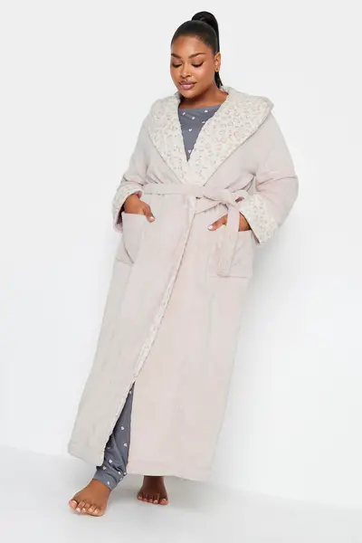 Image of Yours Hooded Dressing Gown Pale Pink