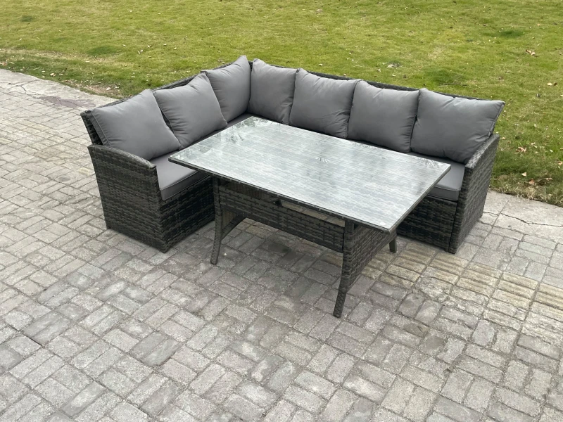 Image of Fimous Outdoor Rattan Garden Furniture Corner Sofa Set with Rectangular Dining Table Patio Wicker Rattan Set in Dark Grey Dark Grey Unisex