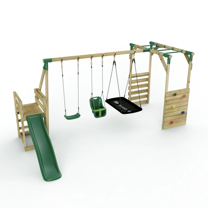 Image of Rebo Swing Set with Baby Seat, Boat Swing, Monkey Bars and Slide - Halley Green Green