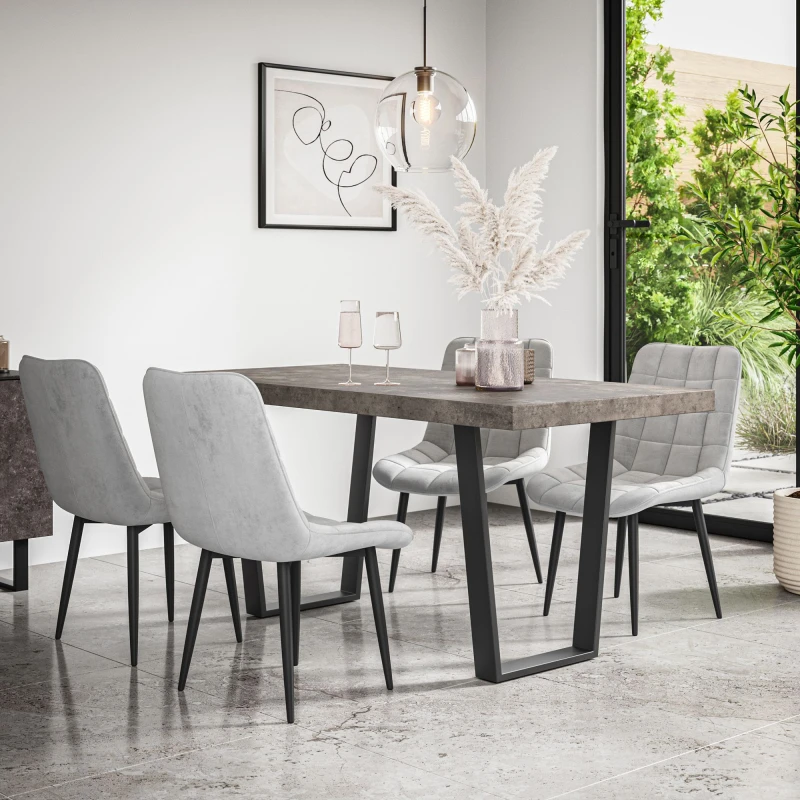 Image of More4Homes Aria Dining Table And Chairs - Concrete Effect Table Top W Black Legs + Nova Velvet Dining Chair Set Of 4 (Grey)