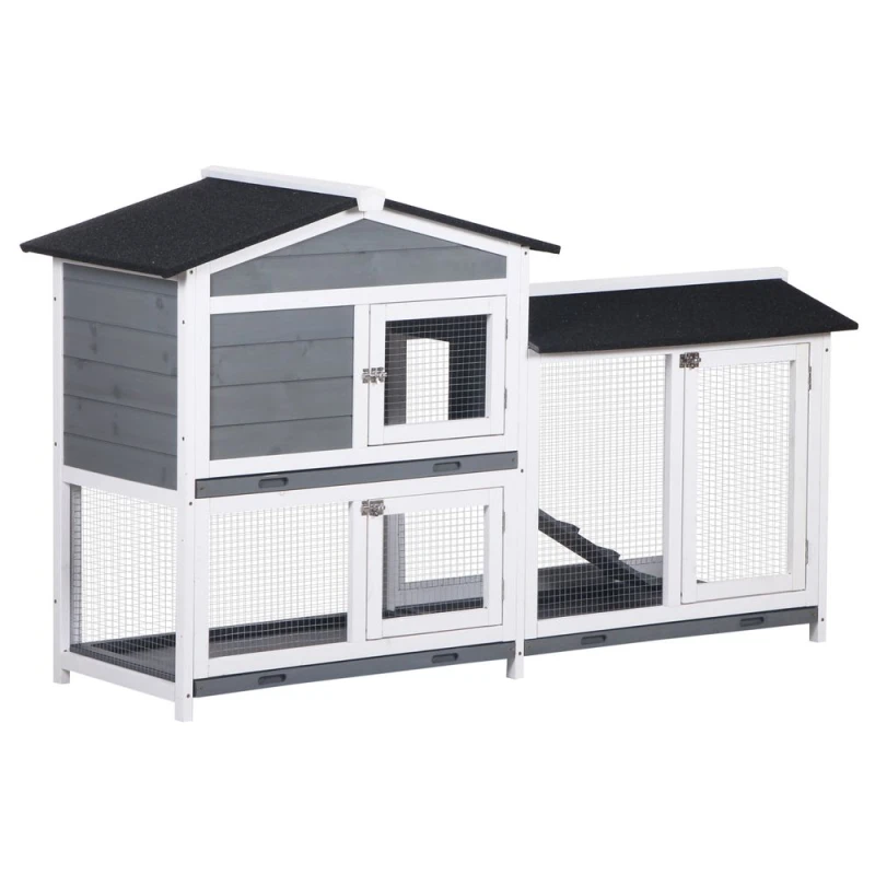 Image of PawHut 2-Tier Wooden Rabbit Hutch Guinea Pig House Pet Cage Outdoor w/ Tray Ramp, Grey D51-131GY