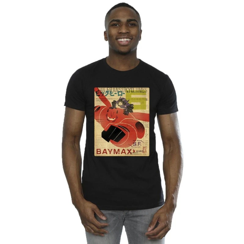 Image of Disney Men Big Hero 6 Baymax Flying Baymax Newspaper T-Shirt in Black Size: Small Black S Male 5059934865280