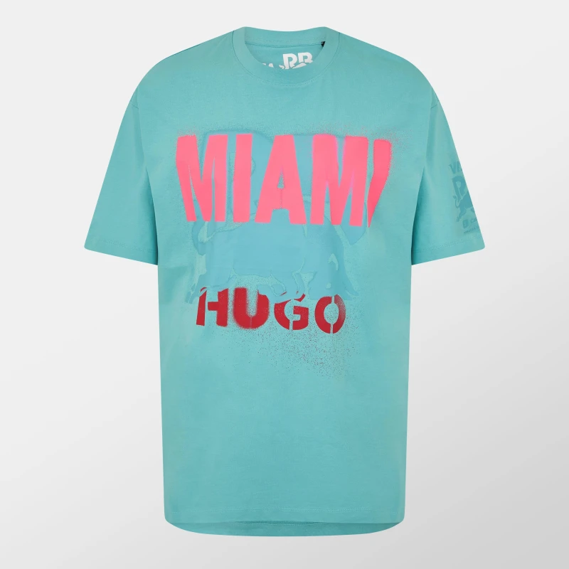 Image of Hugo Mens Miami Print Regular Fit T-Shirt Turquoise/Aqua male S