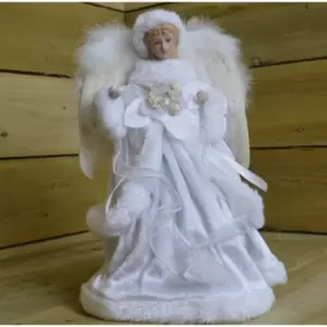 Image of Festive - 35cm White Velvet Angel Christmas Tree Topper With Feather Wings