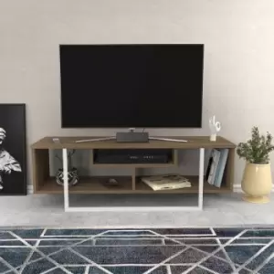 Image of Decorotika - Asal 120 Cm Wide Modern tv Unit , industrial Metal tv Stand -Open Shelf Lowboard Up To 51 TVs - Walnut Pattern And White
