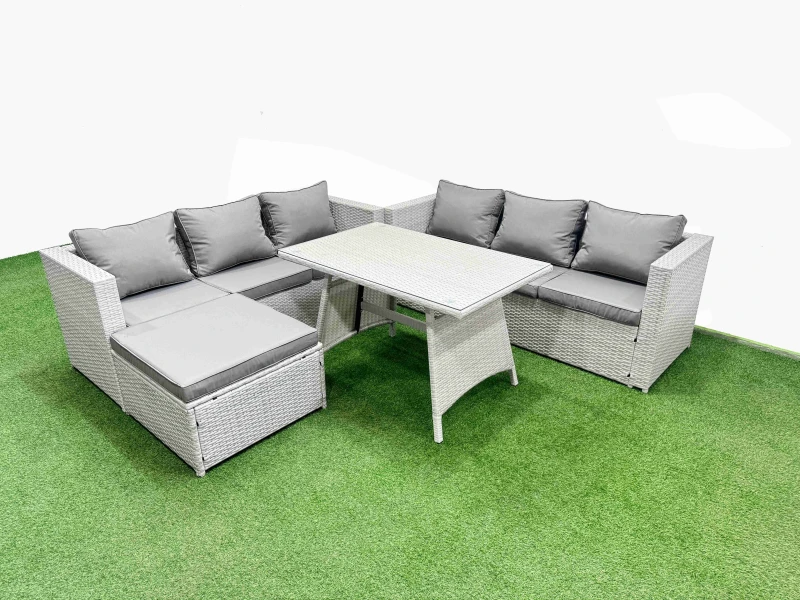 Image of Fimous 7-seater Patio Rectangular Table 3 Seater Sofa Set with Big Stool in Light Grey Light Grey Unisex