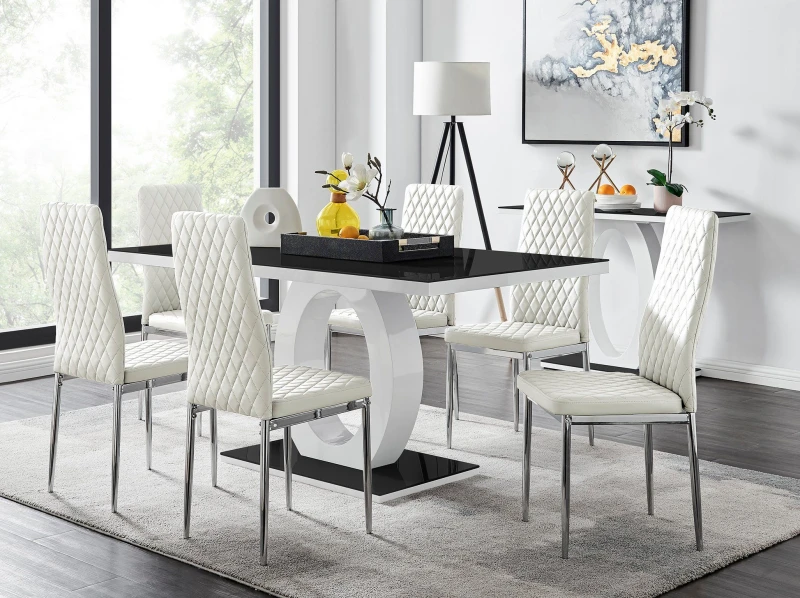 Image of FurnitureboxUK Giovani Rectangular 6 Seat White High Gloss Unique Halo Dining Table Black Glass Top 6 Faux Leather Silver Leg Milan Chairs White Unise