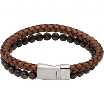 Image of Unique & Co. Antique Dark Brown Leather Bracelet with Tiger Eye & Steel Magnet Clasp