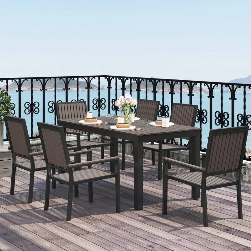 Image of Outsunny 6 Seater Aluminium Garden Dining Set with Stackable Chairs, Brown, Brown 83A-218V00DR