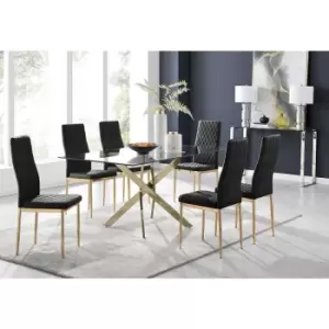 Image of Furniturebox UK - Furniturebox Leonardo 6 Gold Leg Glass Dining Table and 6 Black Milan Velvet Dining Chairs With Gold Legs Diamond Stitch Modern