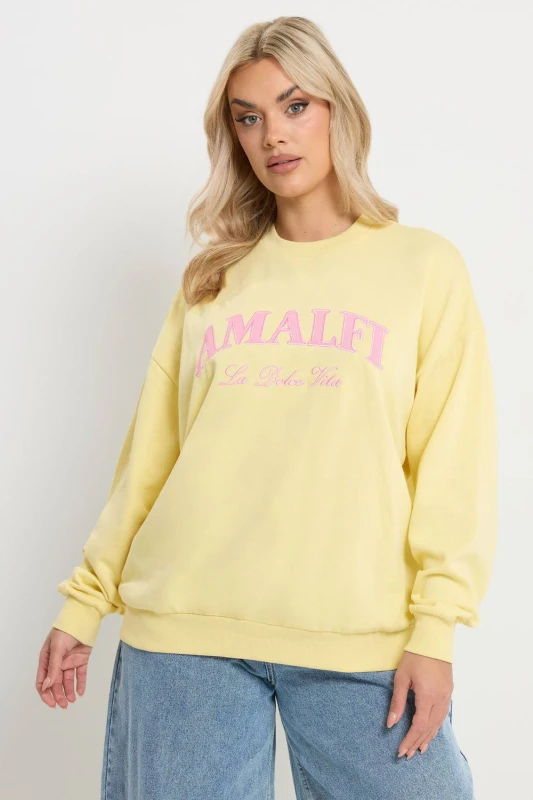 Image of Yours Womens 'Amalfi' Embroidered Slogan Sweatshirt in Lemon Size: 18 Lemon Female 18