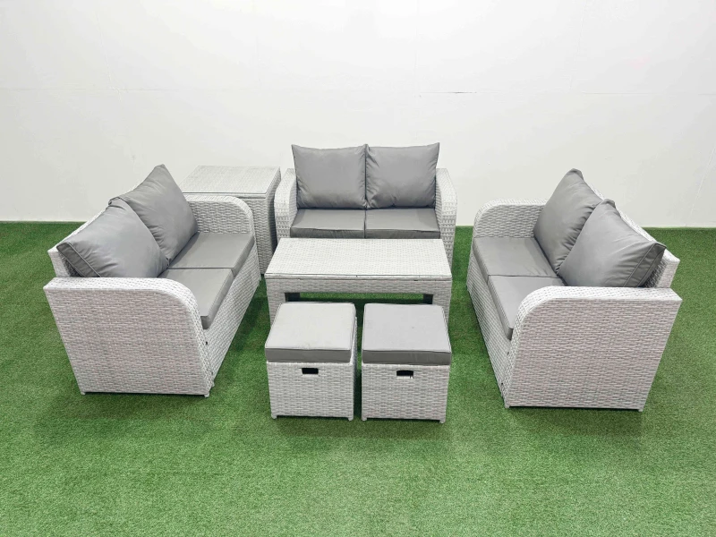 Image of Fimous 8 Seater PE Wicker Rattan Furniture Sofa Sets with Oblong Coffee Table 2 Seater Love Sofa 2 Stool Side Table Light Grey Light Grey