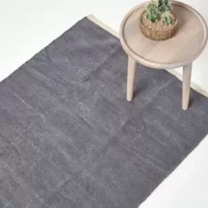 Image of Dark Grey 100% Cotton Plain Chenille Rug with Natural Trim, 45 x 70cm - Grey - Homescapes