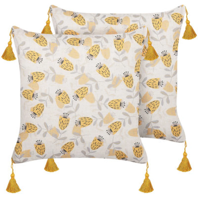 Image of Beliani Set Of 2 Decorative Cushions Abutilon 45 X 45cm Beige Floral Pattern