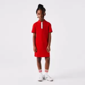 Image of Girls' Lacoste Printed Bands Cotton Pique Polo Dress Size 8 yrs Red