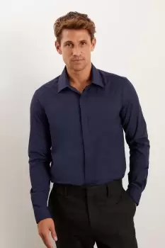 Image of Mens Navy Slim Fit Textured Performance Shirt